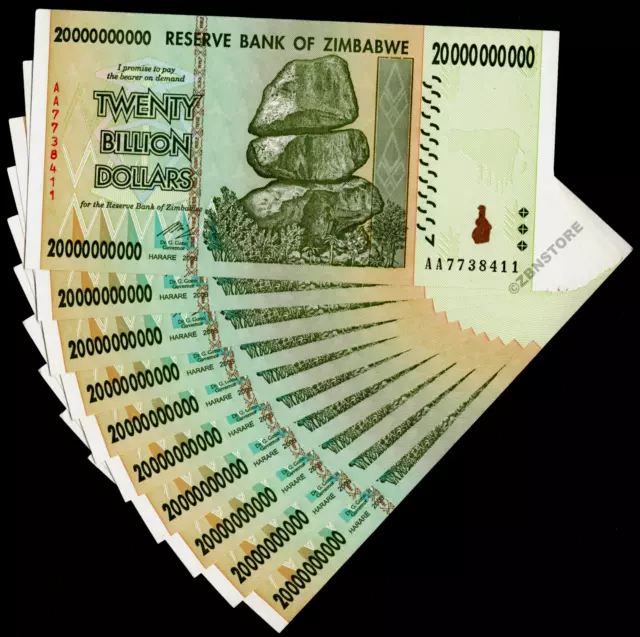 10 x 20 Billion Zimbabwe Dollars Banknotes AA 2008 Authentic Uncirculated + COA