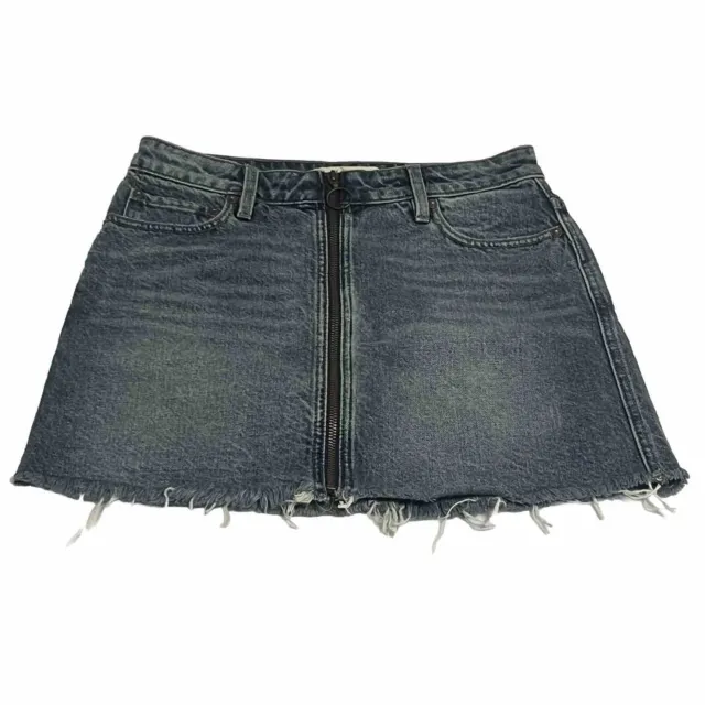 Free People Raw Hem Front Zip Denim Jean Mini Skirt Size 26 Medium Wash