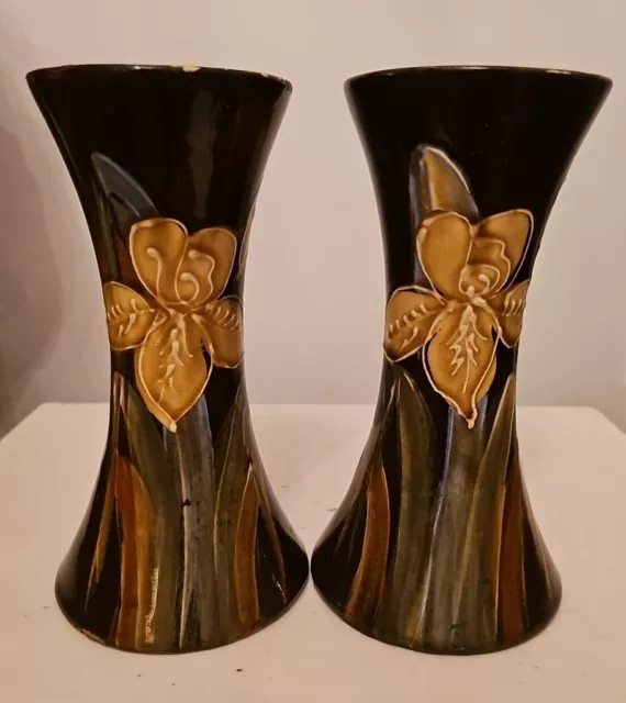 Antique Rare Pair Of French Faience Barbotine Lilly/Orchard Majolica Vases.