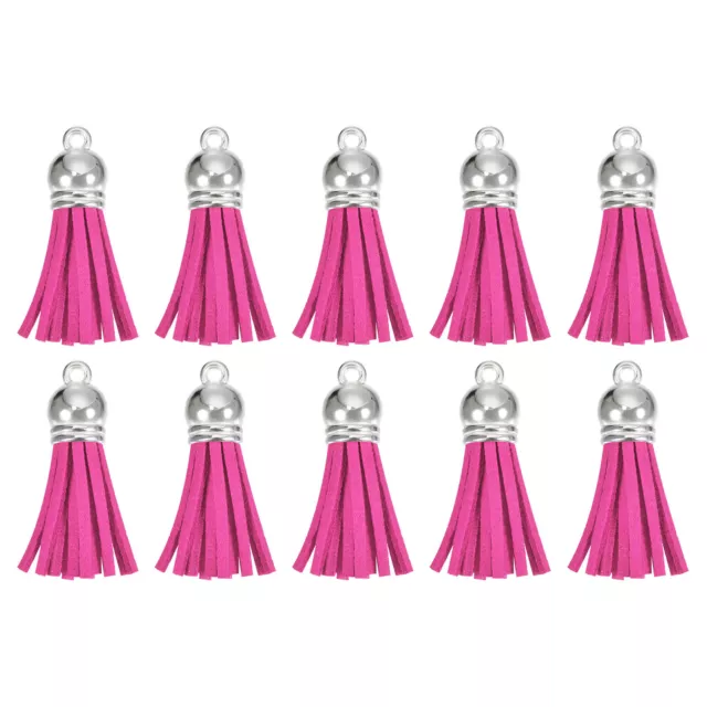 20Pcs 1.5" Leather Tassels Keychain Charm with Silver Cap for DIY, Fuchsia