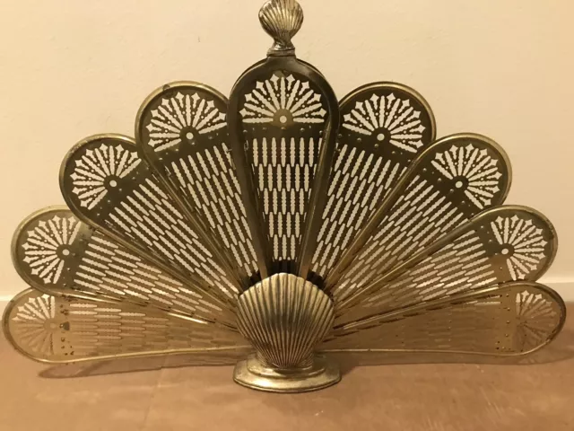 Fireplace Folding Fan Screen Vintage Peacock Clam Shell