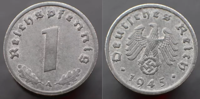 1 Reichspfennig 1945 A - Germany Third Reich KM#97 zinc coin with swastika -#R48