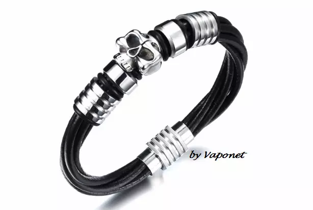 Mens Biker Black Leather Skull Bracelet Silver Stainless Steel Gothic Wristband