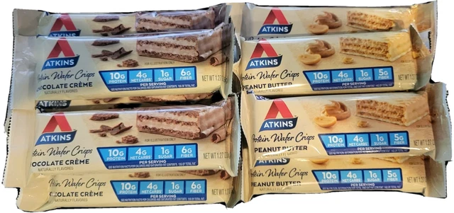 10 barras de oblea de proteína Atkins crujientes con mantequilla de maní crema de chocolate Keto Friendly