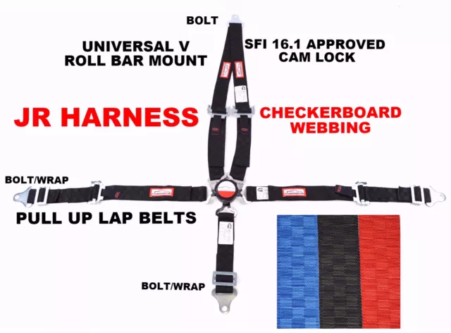 Quarter Midget Harness 5 Pt Cam Lock 2" Sfi 16.1 Universal V Pull Up Black Check
