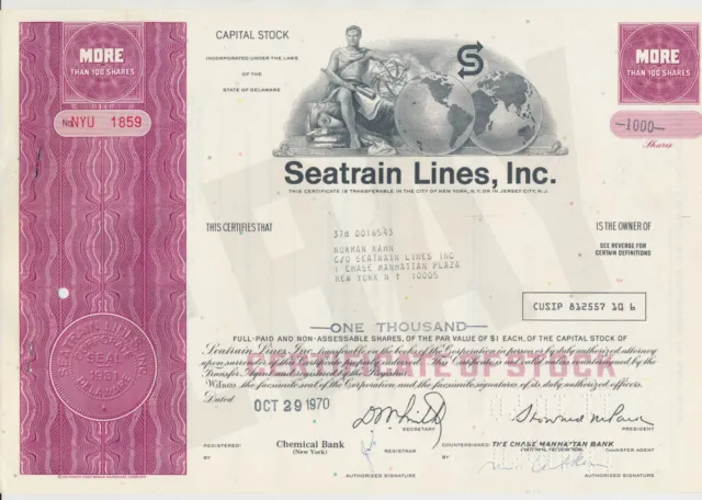 Seatrain Lines Inc CAPITAL STOCK CERTIFICATE Shipping Transportation