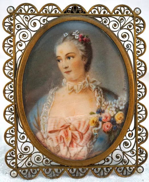 Miniature Portrait Painting Madame de Pompadour Filigree Frame Pearl Accents