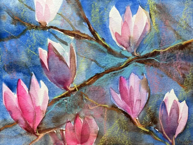 Original  Aquarell Malerei Gemälde Landschaft Aquarellbild Blumen Magnolien