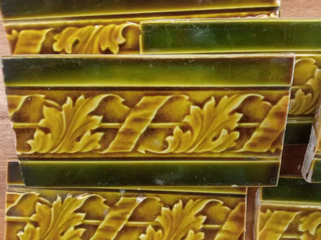 Olive green Bullnose set of 14 Antique 6x3 Tiles - Original Period recovered