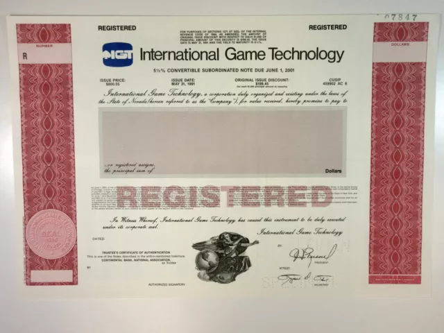 NV. International Game Technology, 1991 $Odd Specimen 5.5% Registered Bond, XF
