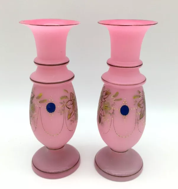 Victorian Satin Glass Pair of Pink hand painted Vases 9.5" Tall Matched Set