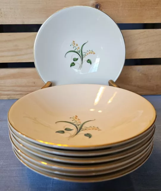 Set Of 7 Edwin Knowles Forsythia Gold Trimmed 1950's MCM 5.5" Berry Bowls