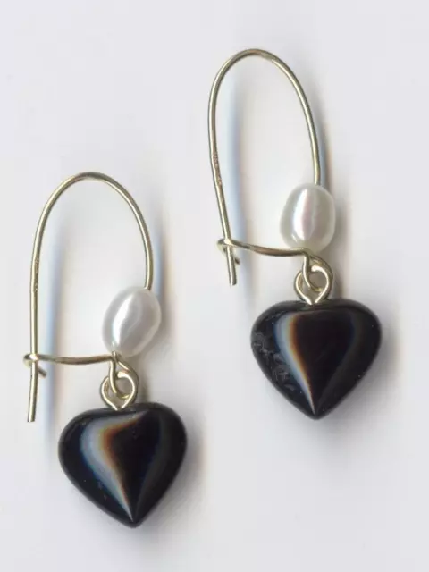 NEW 14K SOLID Yellow Gold 8mm Heart Black Onyx & Rice Pearl Hook ...