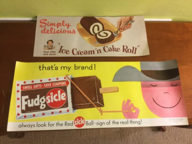 Set of 2 1950s Advertising Sign "Fudgsicle" & "Ice Cream'n Cake Roll"