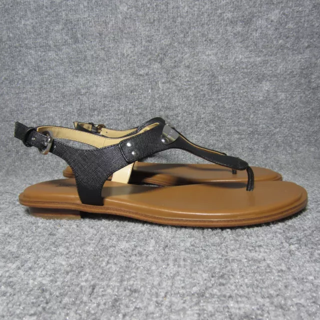 Michael Kors MK Plate Thong Sandals Women Size 7.5 Black Leather Ankle Strap NEW