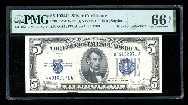 DBR $5 1934-C Silver Gem Fr. 1653W QA Block Wide PMG 66 EPQ Serial Q49162971A