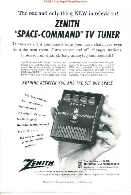 Zenith Space-Command Tv Tuner Vintage Werbung Von 1956 - Sehr Guter Zustand - 7X10