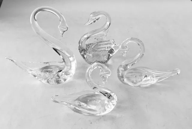 Lot 4 Crystal Art Glass Swan Figurines Hand Blown Studio Made Clear Birds
