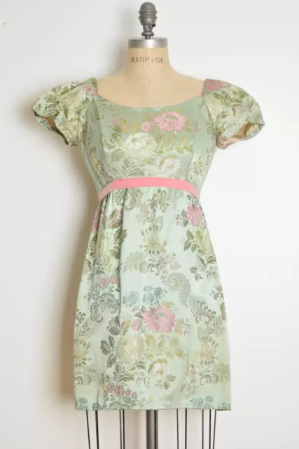 vintage 60s dress green pastel floral brocade puff sleeve empire kinder mini XS