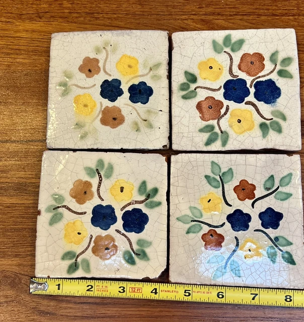 FOUR Antique handpainted, 4 1/4” Mexican tile SALVAGED OLD