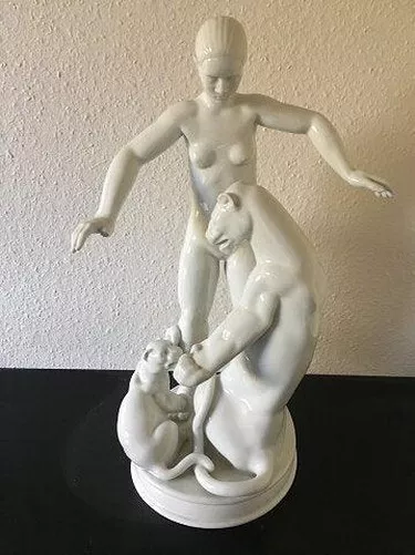Large Bing & Grondahl Blanc de Chine Figurine of Lady with Mountain Lion by