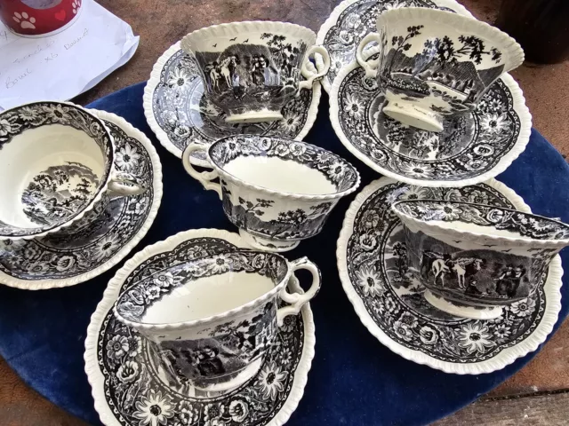Royal Cauldon Native Tea  Cups Saucers Black White 1st Quality