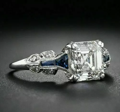 Art Deco Style Simulated Diamond & Blue Sapphire Engagement Ring In 925 Silver