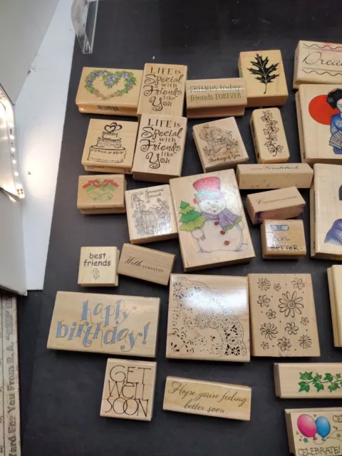 Lot of  50 Various sized & themed Wood Mount Rubber Stamps Pre-owned. 2