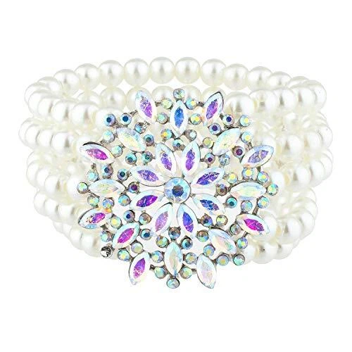 White Pearl Marquise Rhinestones Cut Fancy Stretch Bracelet