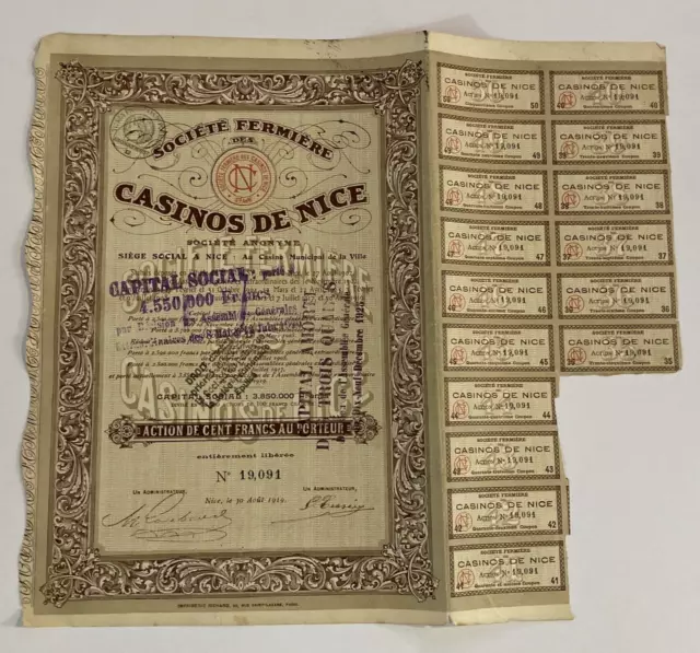 1919 Societe Fermierer Des Casinos De Nice France Stock Certificate