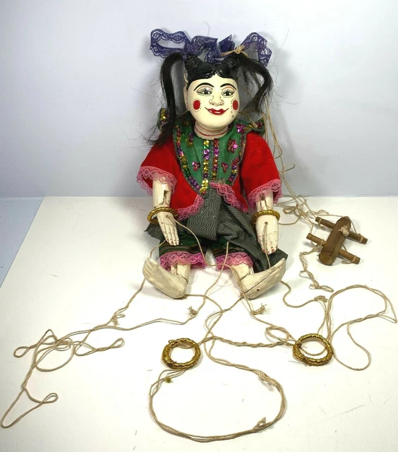 Vintage Wooden Burmese Lady String Puppet Marionette Asian 14" Tall