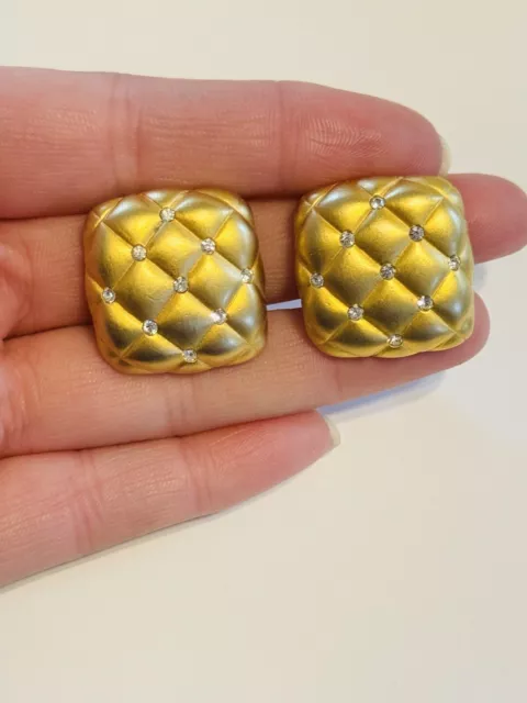 VTG Couture Earrings Matte Gold Elegant Quilted Rhinestone Bold Clip rare Square