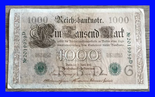 💥 1000 Mark Reichsbanknote ➰ Reichsbankdirektorium Berlin, den 21.April 1910 💥