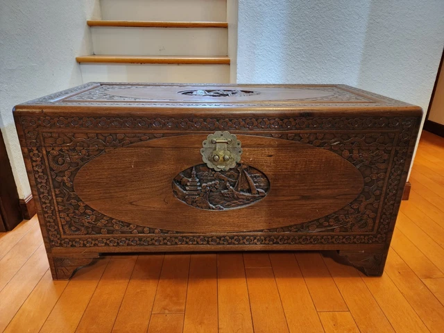 Antique Chinese Carved Camphor Wood Chest Storage Trunk Oriental Hope Dowry