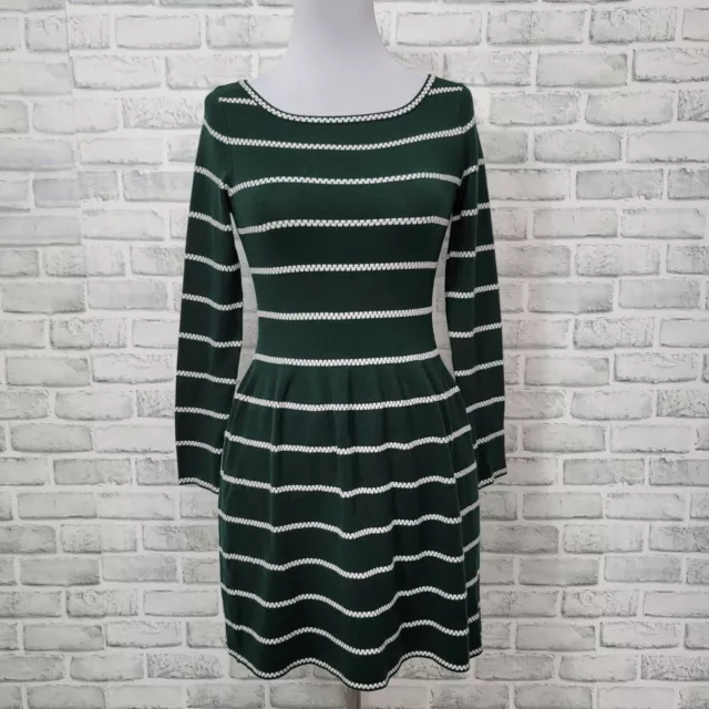 Eliza J Size S Dark Green Knit Fit and Flare White Dotted Striped Sweater Dress