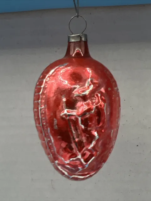 German Antique Red Glass Rabbit On Egg Double Sided Christmas Ornament 1930's