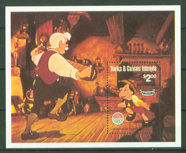 Turks & Caicos 1980 - Navidad Walt Disney Pinocho bandoneón - bloque 25 **
