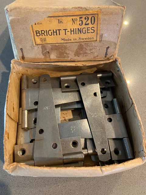 Vintage Assa 5" STEEL T-HINGES MADE IN SWEDEN - 1 DOZEN WITH ORIGINAL BOX #520 