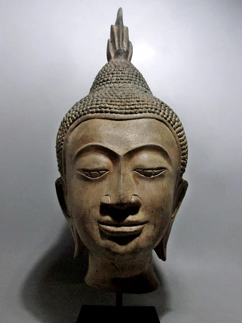 Antique Thai Bronze Buddha Head Figure U-thong Style 15th C
