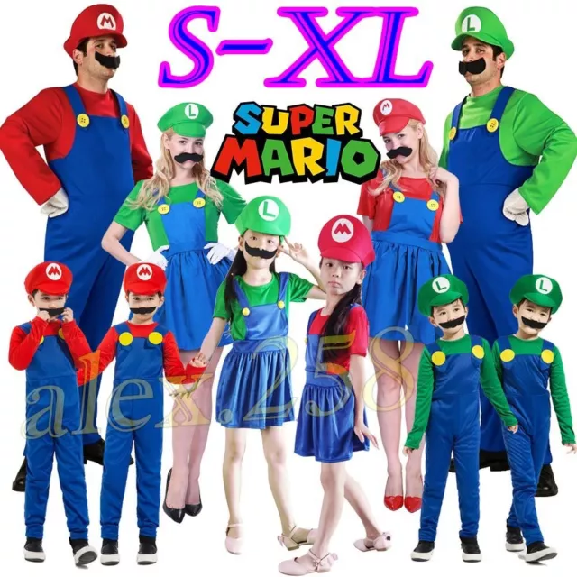 Mens Womens Adult Kids Super Mario Luigi Bros Cosplay Fancy Dress Outfit Costume