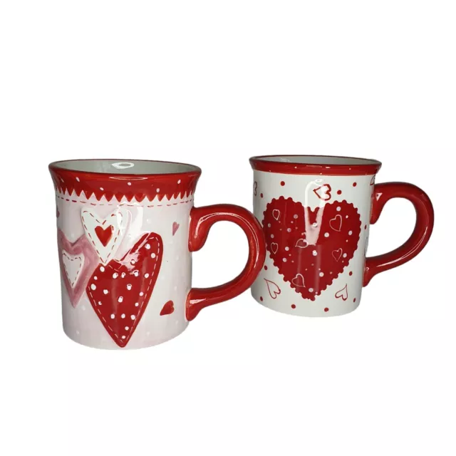 Red & Blue Smiley Face w/ Hearts Coffee Ceramic Mugs Set of 2