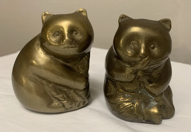 Pair Of Vintage Solid Brass Panda Bear Teddy Bear Figurines Made In Hong Kong