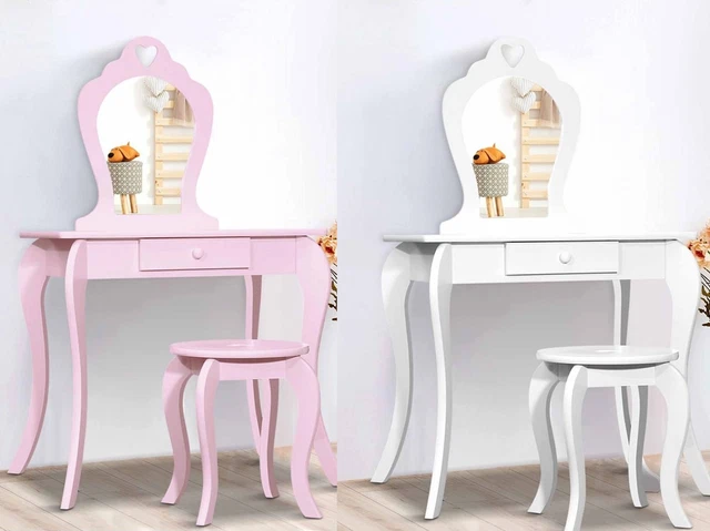 Mesa de vestir de madera rosa y blanco Amelia Vanity niños niños con espejo y taburete