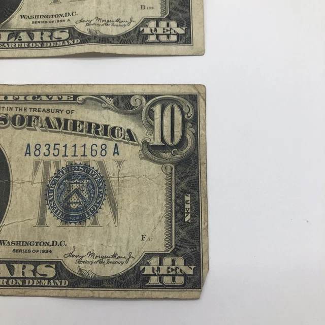 1934 A & 1934  $10 Ten Dollar Silver Certificate Note Blue Seal 12