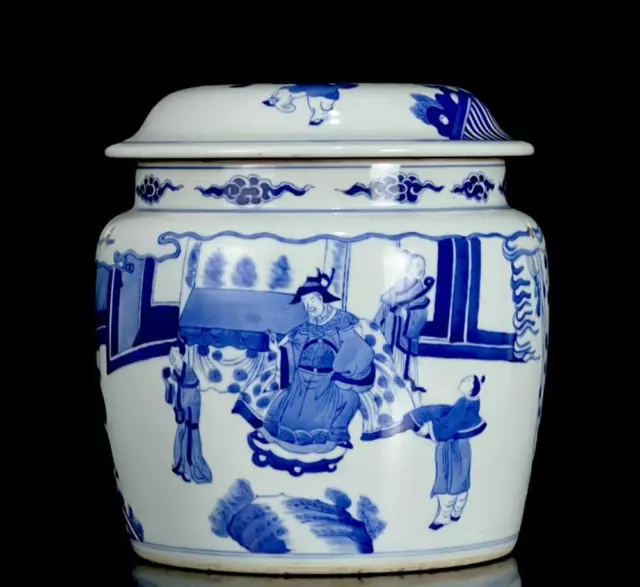 Kangxi Signed Old Chinese Blue & White Porcelain Lid Pot w/figure CK495