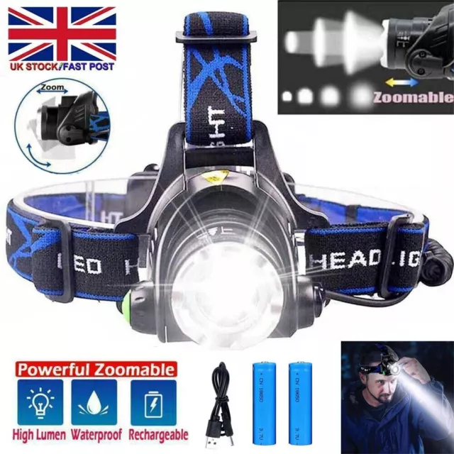 T6 Headlamp Rechargeable 350000LM LED Zoom Headlight Head Torch USB Line New UK