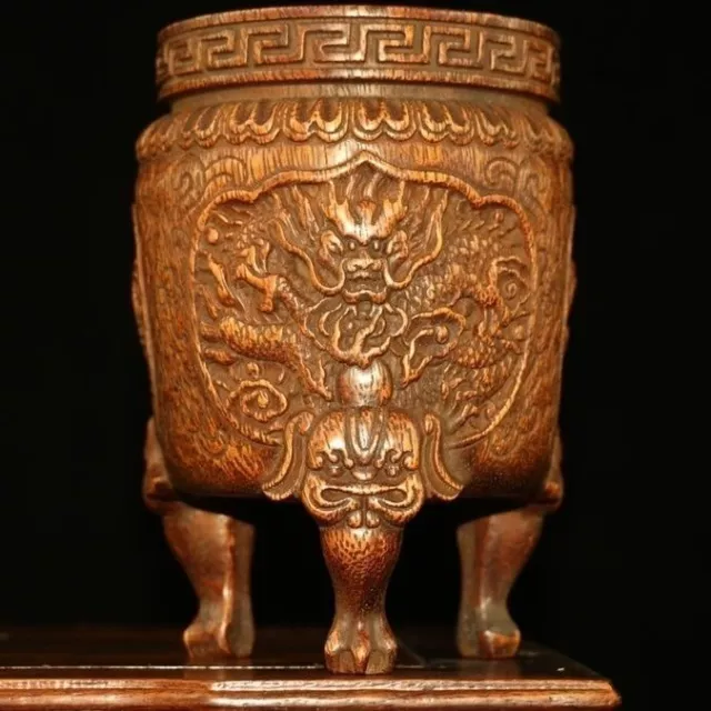 Collectable Antique Rosewood Dragon Patterned Solid Wood Pen Holder Brush Pot