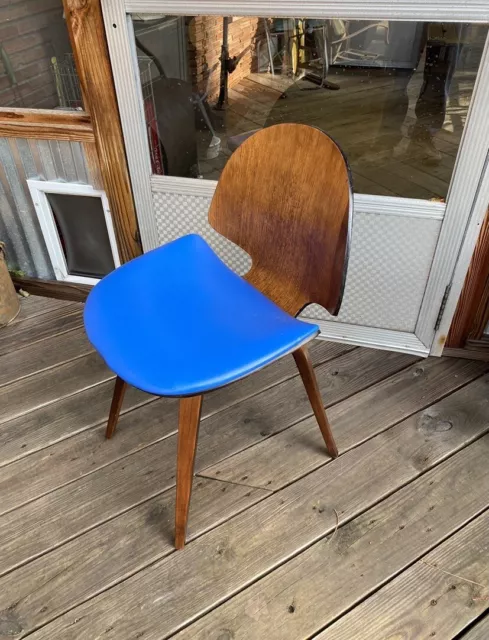 Mid Century Modern Chair blue Plycraft Upholstered Wood Chair.   June-30-1965.