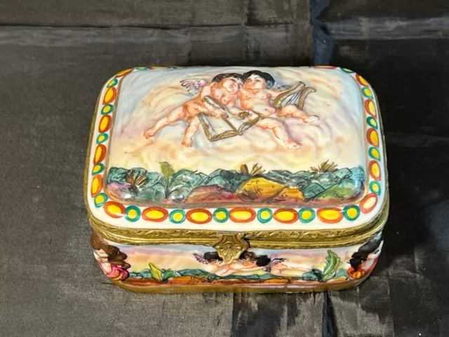 Antique Capodimonte Hinged Lidded Box, Brass Fittings, Trinket / Jewelry Box