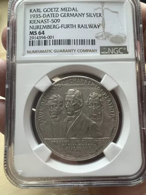 1935 Germany Kienast-509 Nuremberg-Furth Railway Karl Goetz Medal Silver Ngc 64